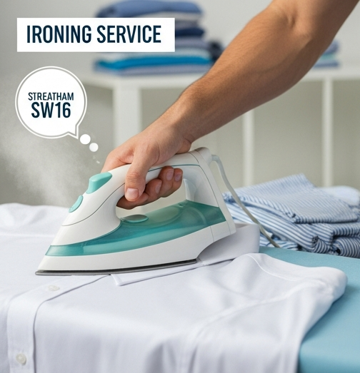 Busy laundry service team at The Big Wash Streatham SW16 location pressing shirts and folding towels with commercial washers operating in background